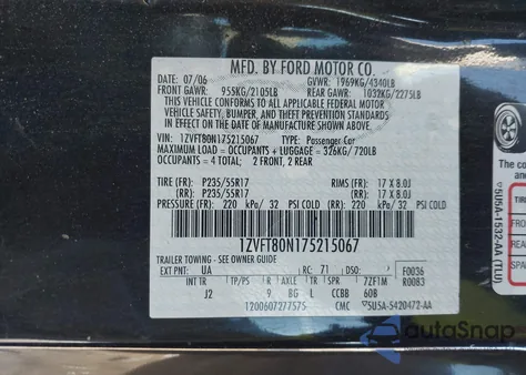 2007 Ford Mustang V6 Deluxe/V6 Premium z USA, uszkodzony, nr VIN 1ZVFT80N175215067